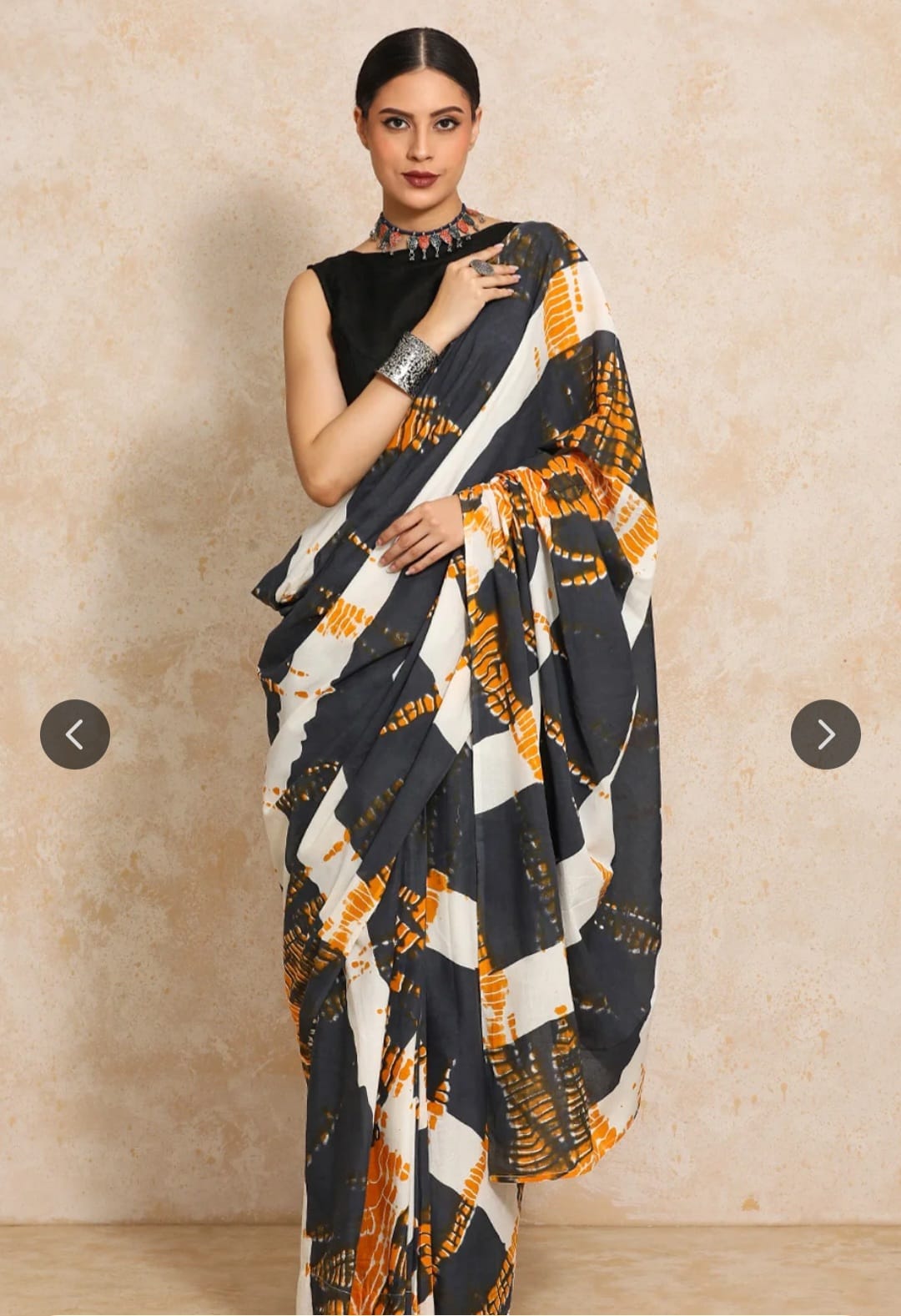 Pure cotton mulmul saree handblock printed in black, white and yellow – premium cotton saree wholesale Fabtexs